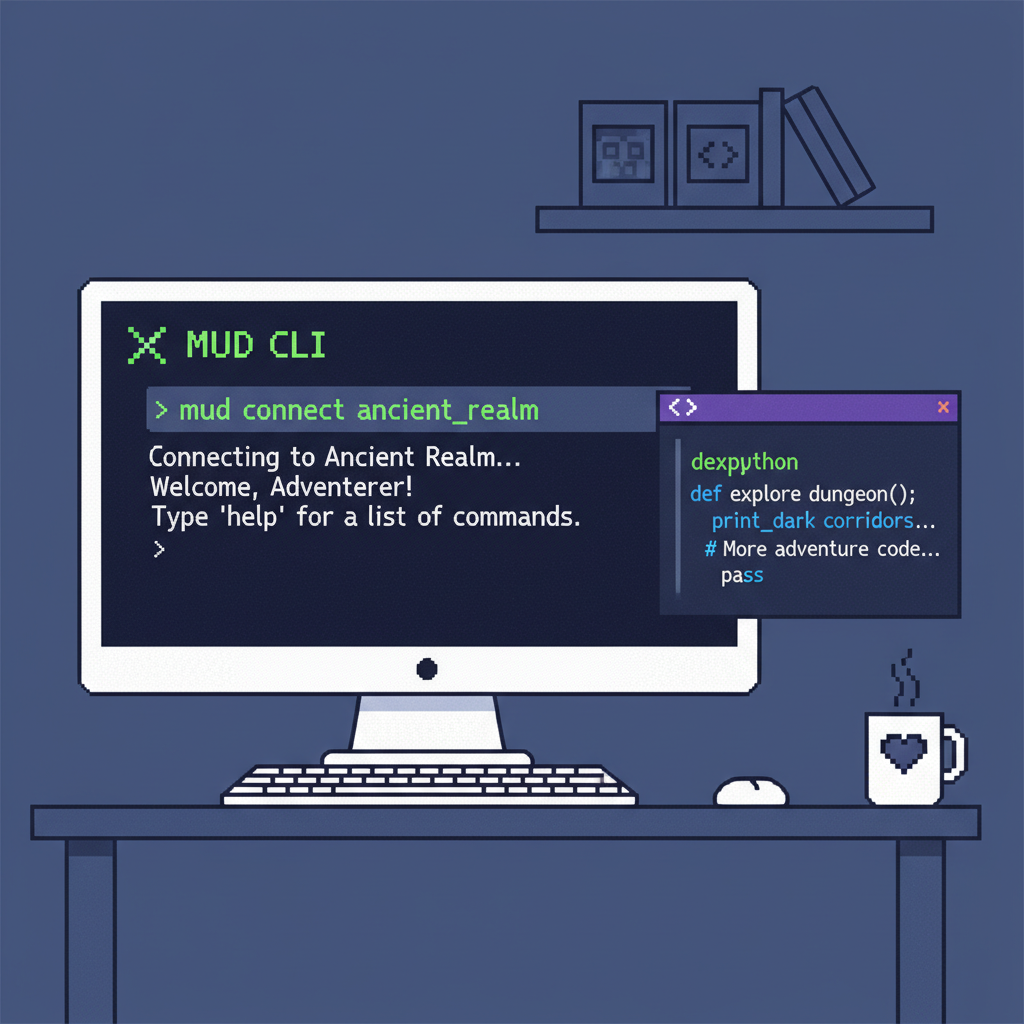 developer terminal setup with MUD CLI command, pixel art icons, dark mode code editor