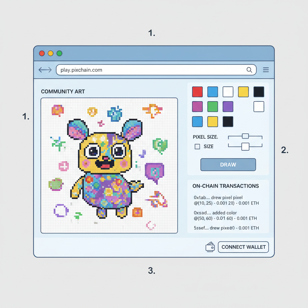 browser window with interactive pixel art game, on-chain transactions visible, vibrant community drawing