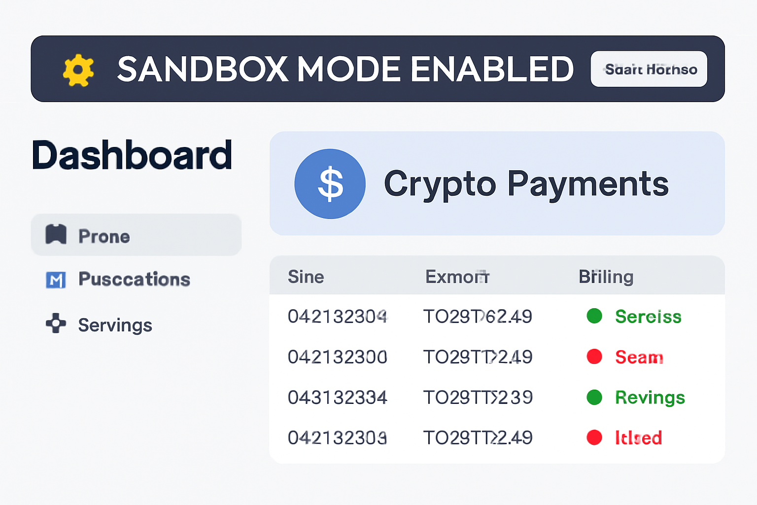 A dashboard interface showing sandbox mode enabled for a crypto payment facilitator, with test transactions and status indicators.
