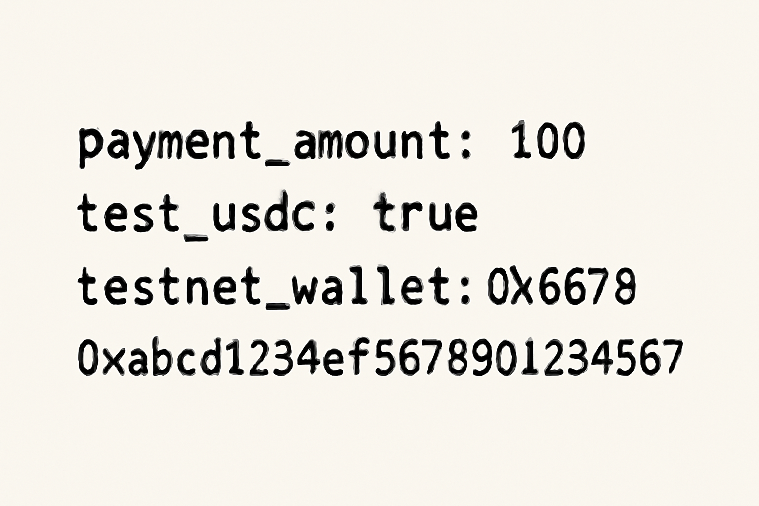 A configuration file or code snippet specifying payment amount, test USDC, and a testnet wallet address, with clear labels.