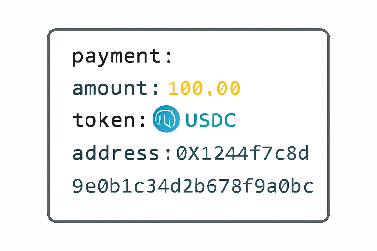 A configuration file or code snippet showing payment amount, USDC token symbol, and a crypto wallet address.