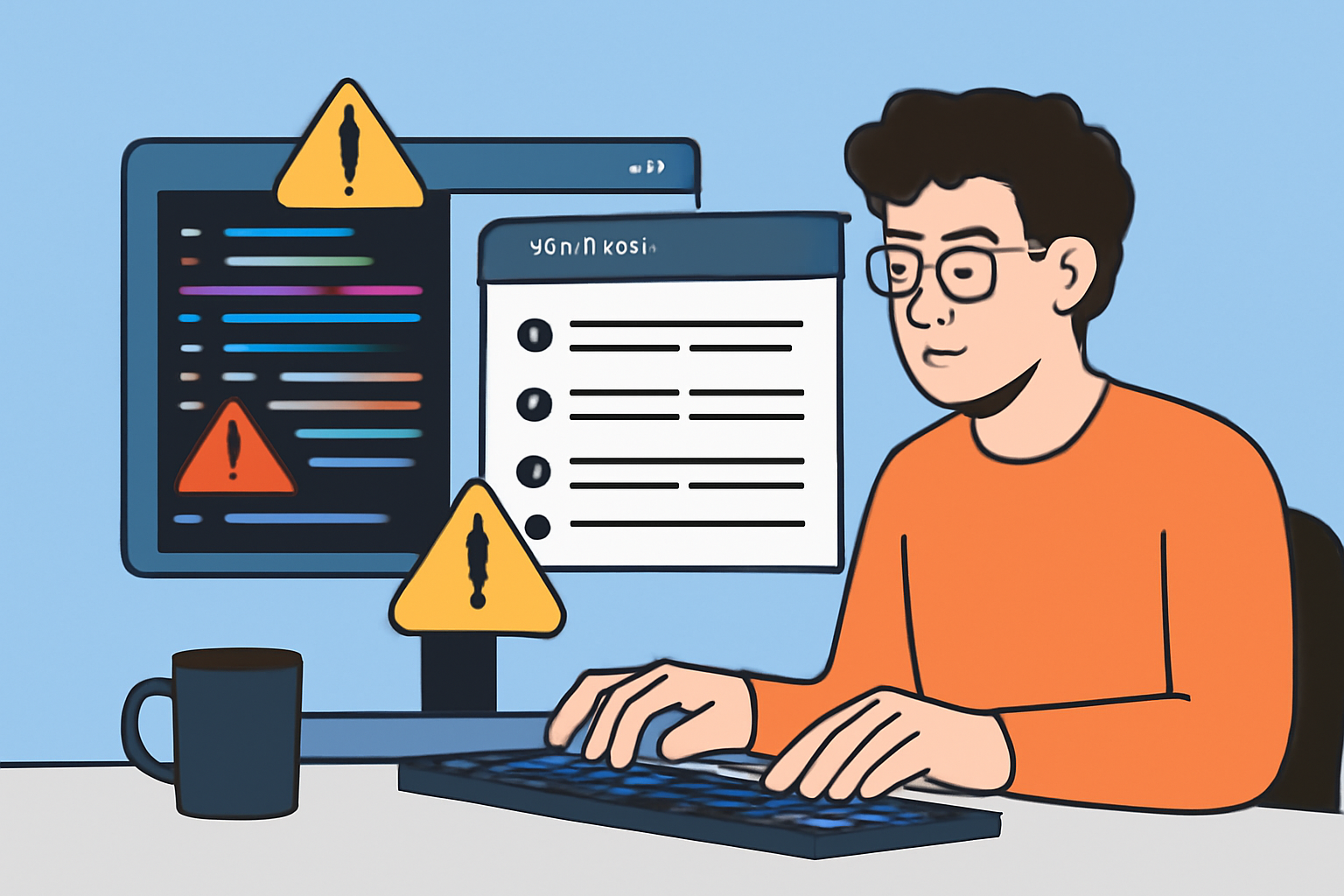 A developer reviewing error logs and adjusting code, with warning icons and testnet transaction history on screen.