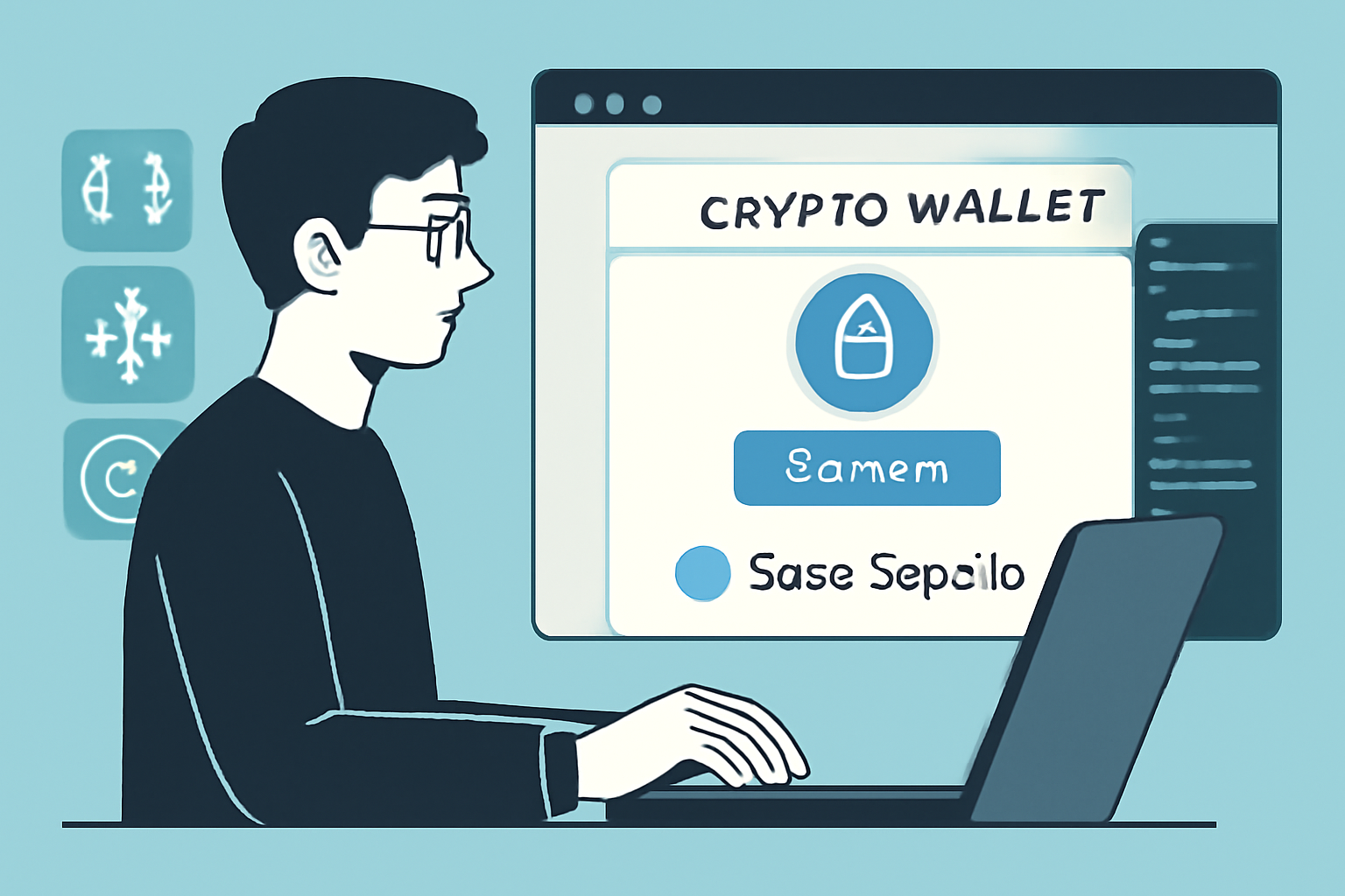 A developer setting up a crypto wallet and connecting to the Base Sepolia testnet on a computer screen, with code and blockchain icons visible.