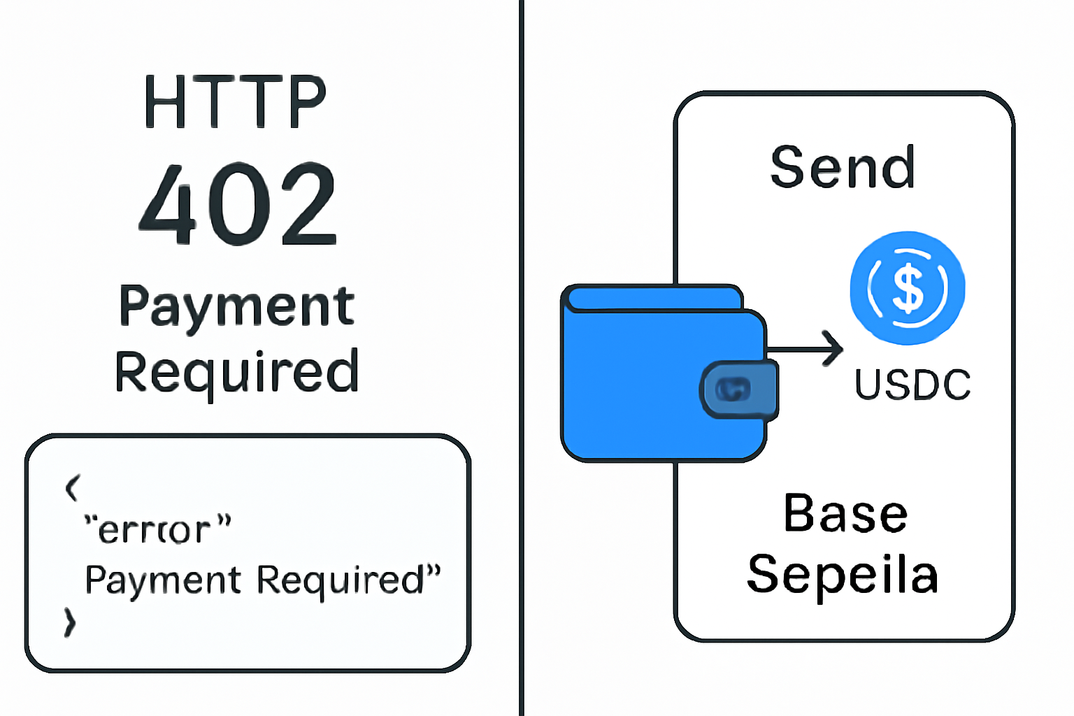 A split screen: left side shows a 402 Payment Required API response, right side shows a wallet sending test USDC on Base Sepolia.