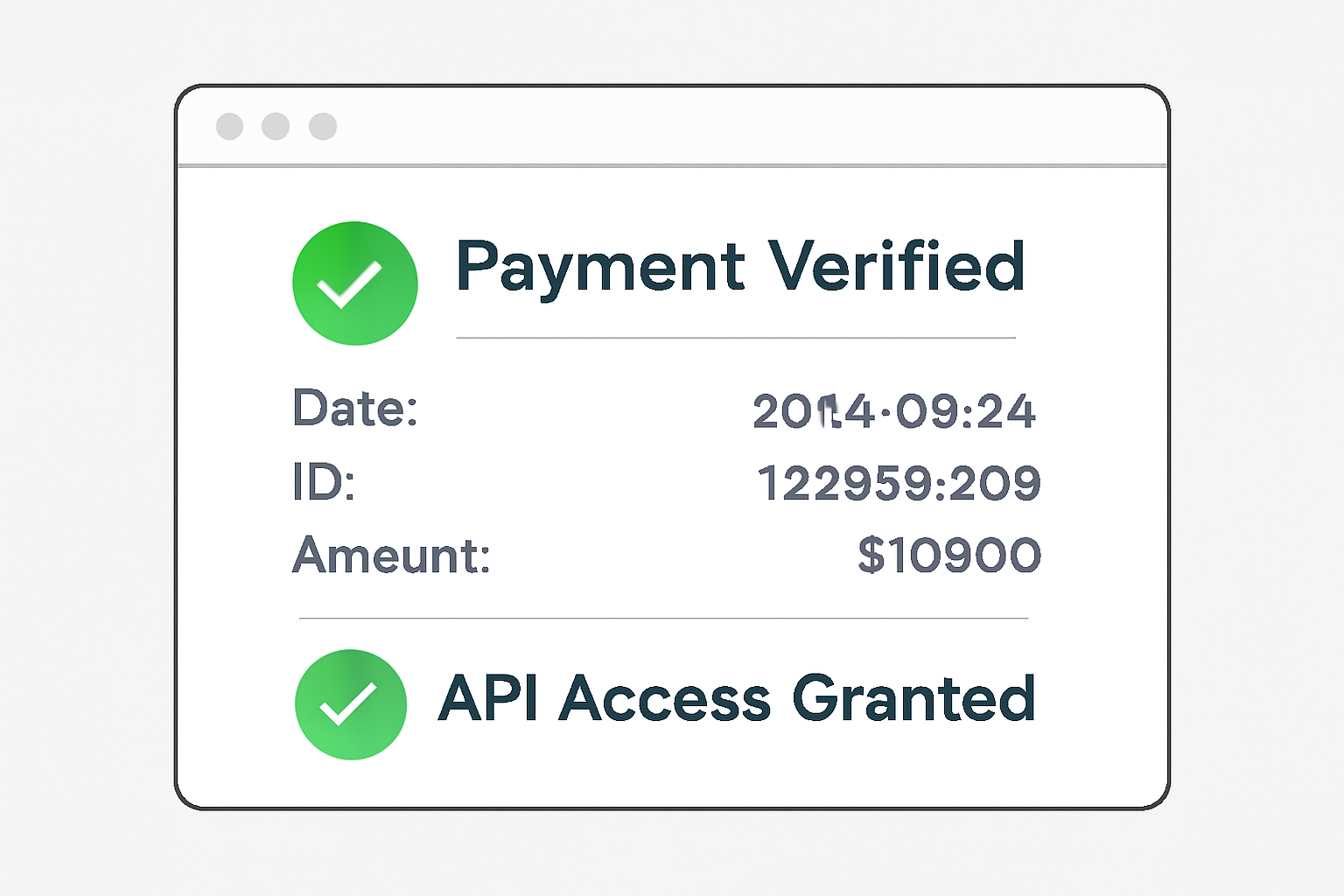 A web dashboard showing a successful payment verification and API access granted, with green checkmarks and transaction details.
