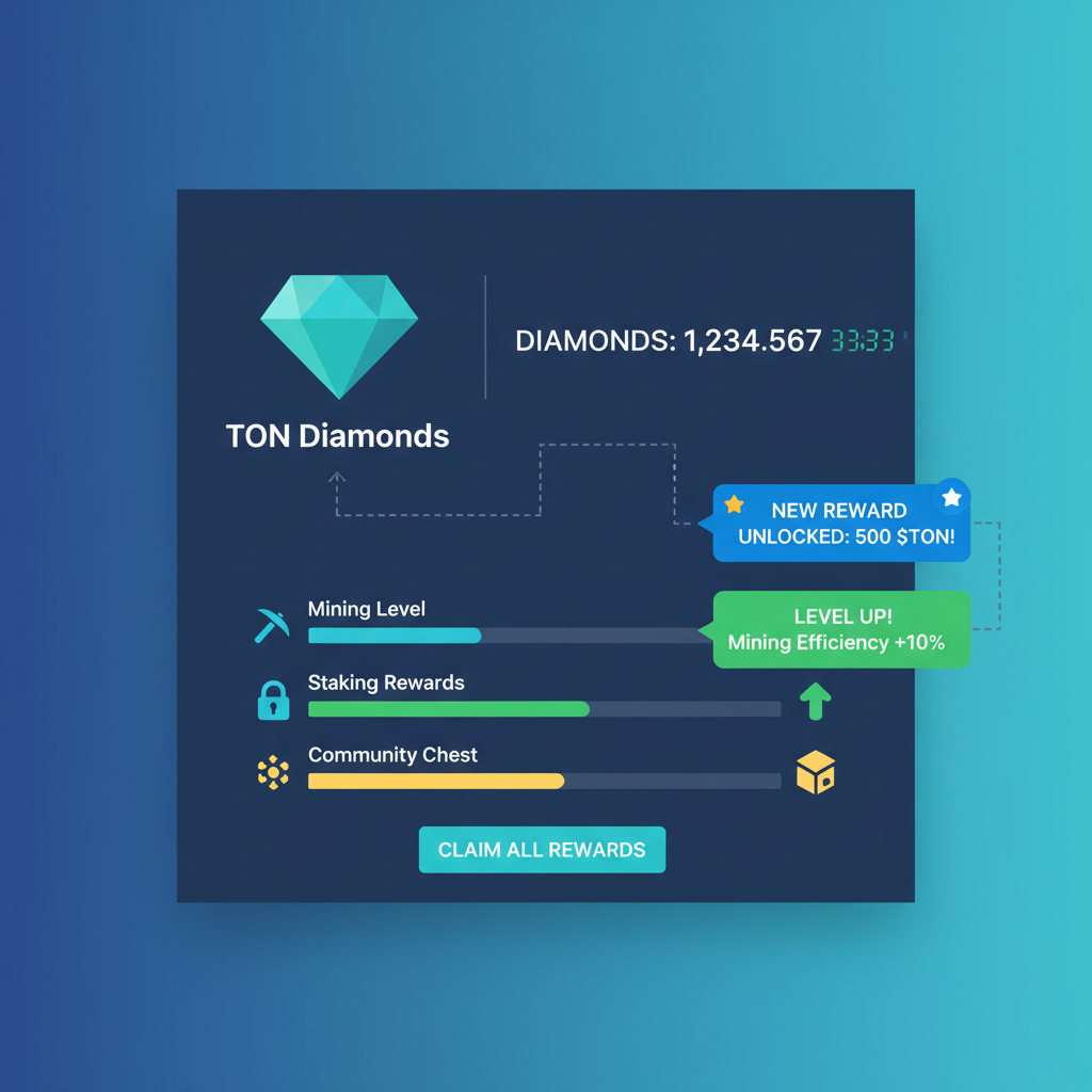 TON Diamonds dashboard showing diamond counter rising, progress bars, reward notifications