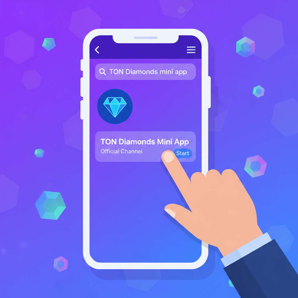 Telegram mobile app screen searching TON Diamonds mini app, vibrant purple TON theme, crypto gems glowing