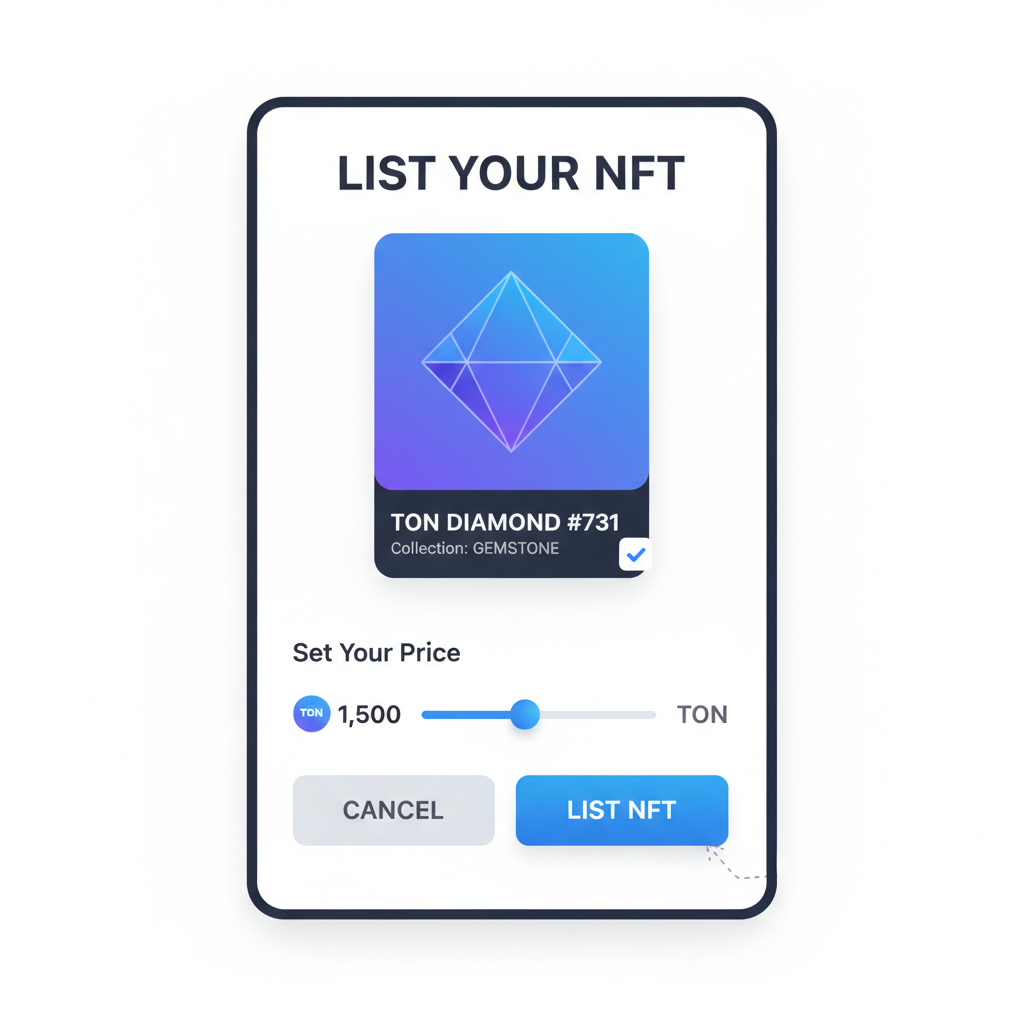 TON Diamonds NFT marketplace listing screen, NFT card displayed, price input slider