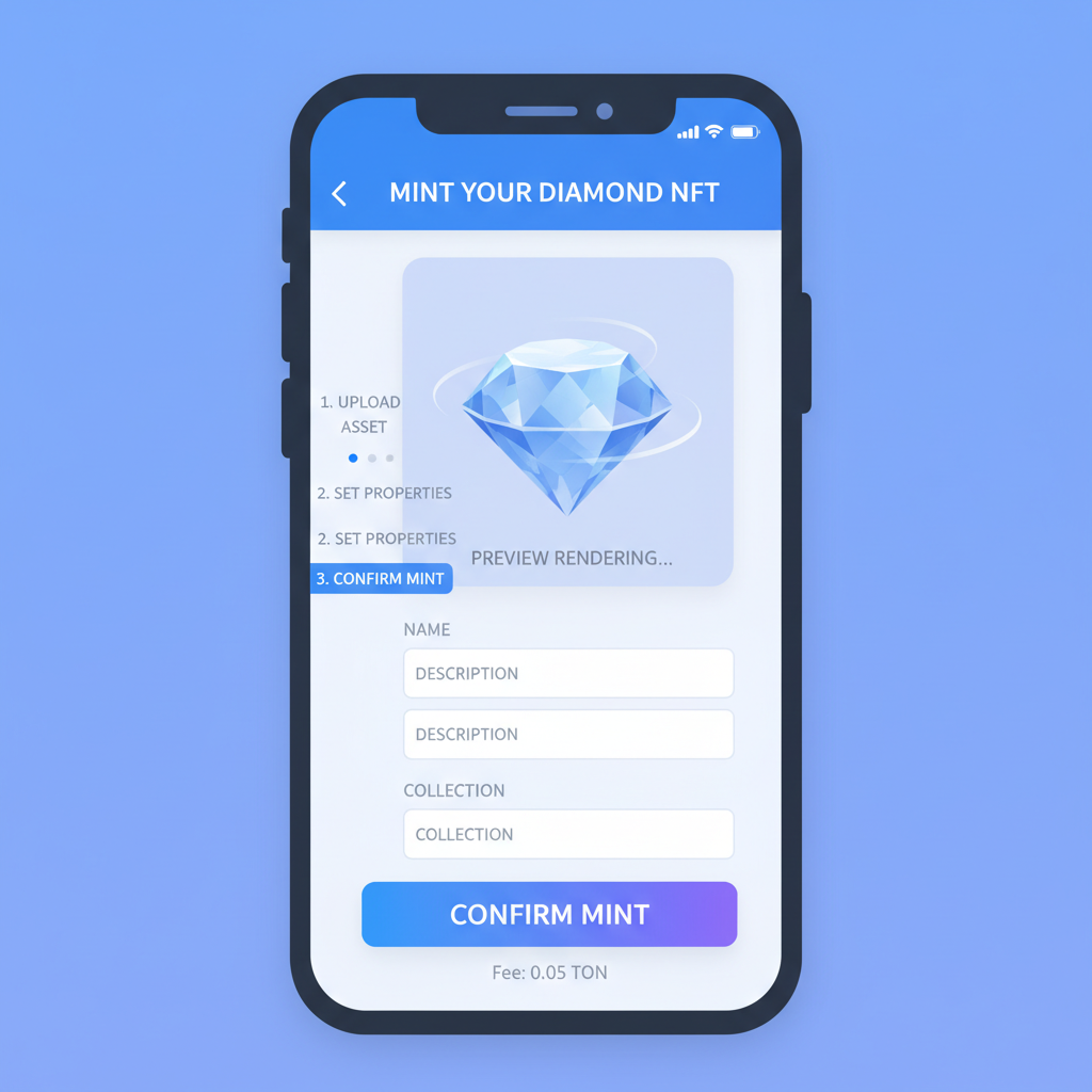 NFT minting interface in TON Diamonds app, diamond NFT preview rendering, confirm button
