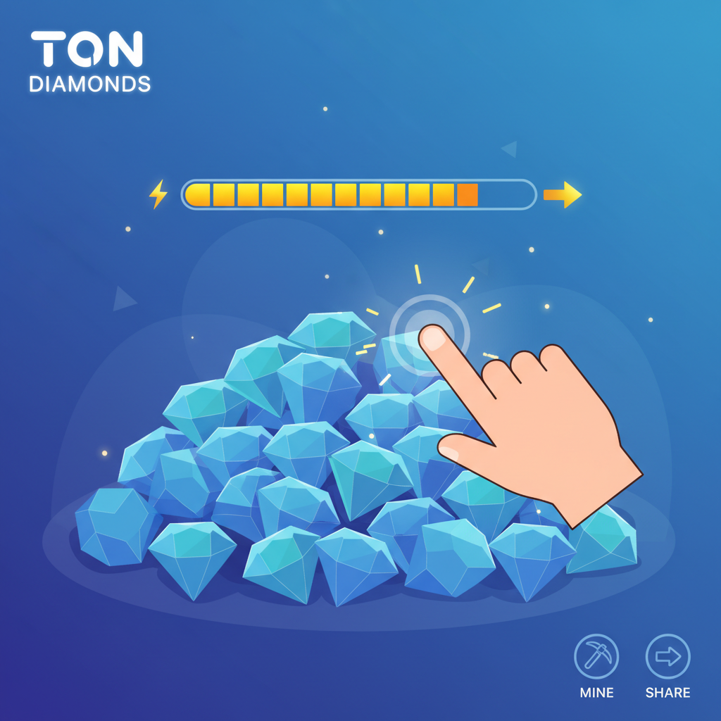 Vibrant TON Diamonds mining screen, user tapping glowing diamond pile, energy bar filling