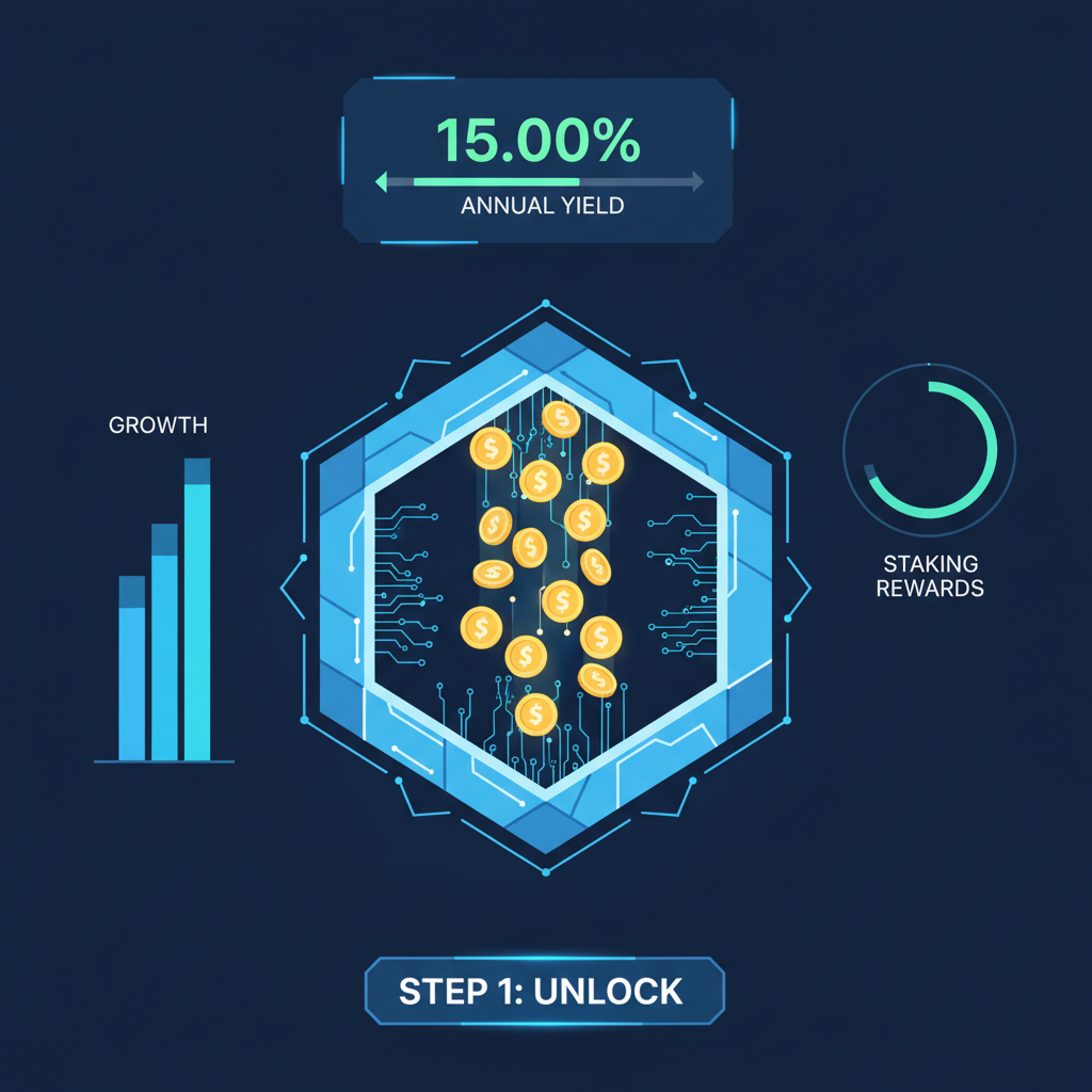 digital vault opening with glowing USDC coins, yield percentage growing, futuristic interface