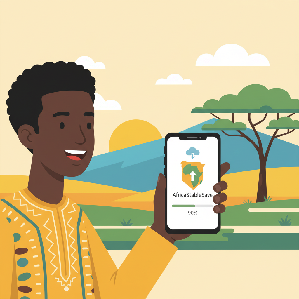 smartphone downloading AfricaStableSave app, African user smiling, vibrant Kenyan landscape background