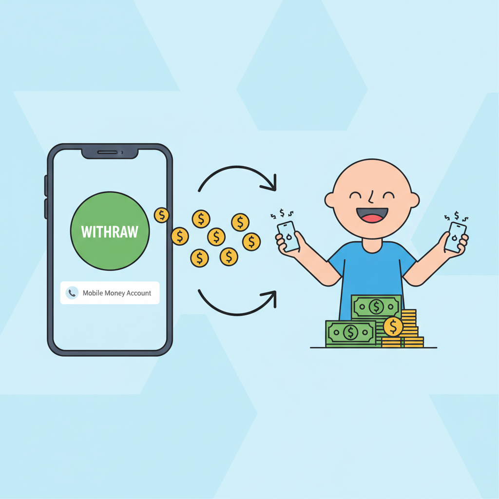 withdrawal button on app to mobile money, cash flowing out, happy user