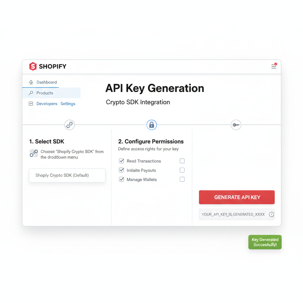 Professional dashboard screen showing API key generation for crypto SDK, clean UI, Shopify branding
