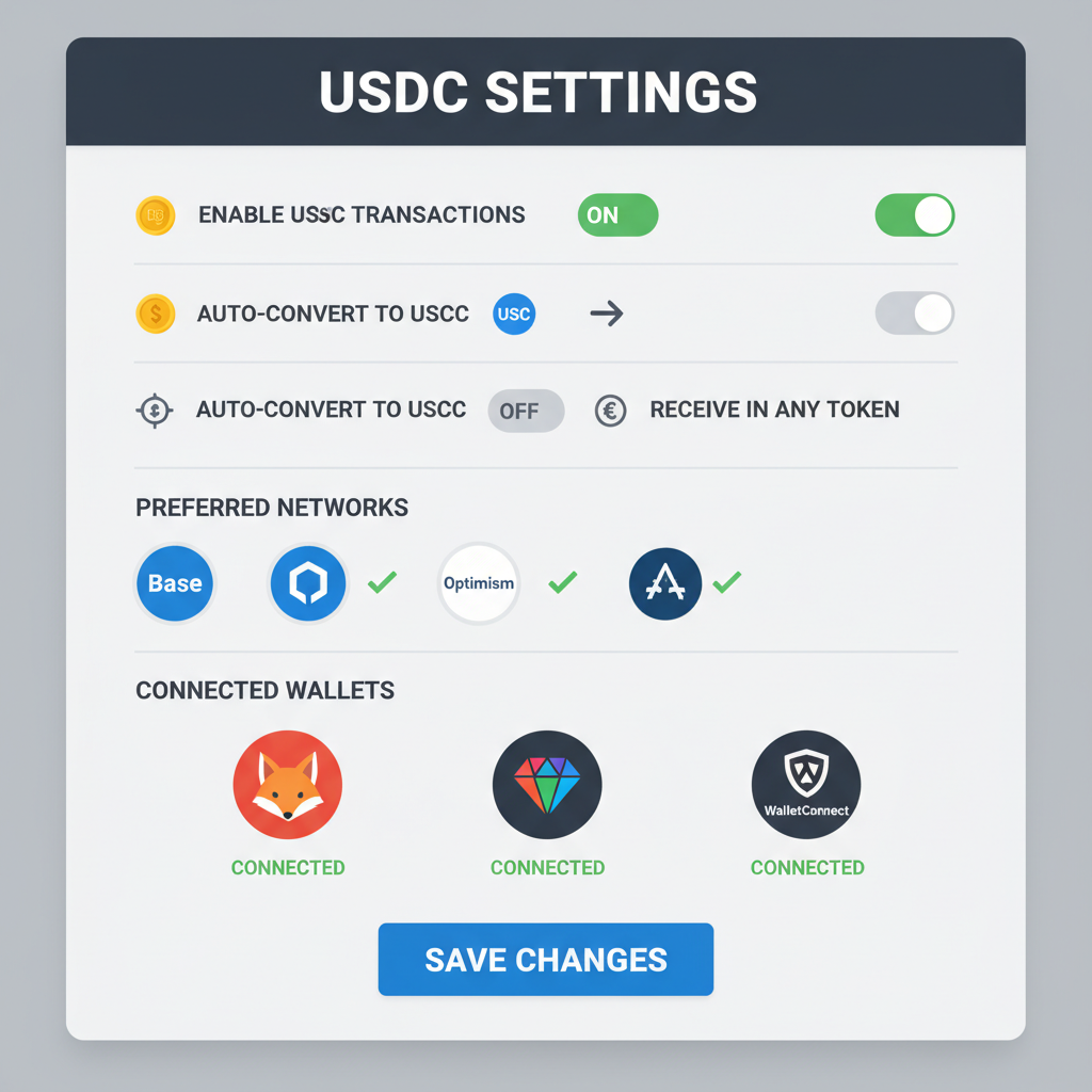 Configuration panel with USDC settings toggles, Base network icon, wallet logos