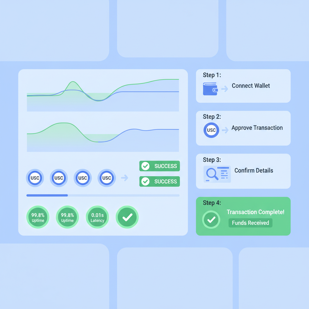 Live dashboard with transaction graphs, USDC icons, green success metrics
