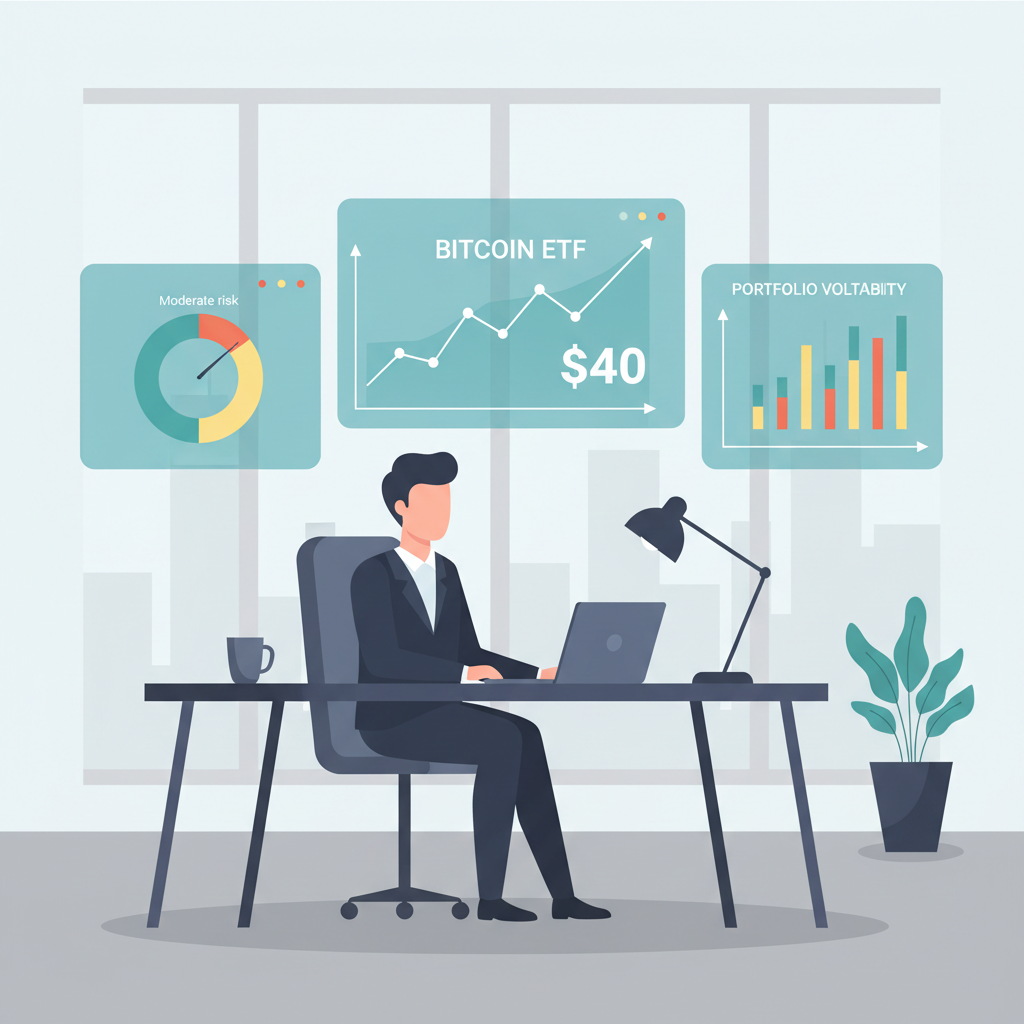 professional investor reviewing risk charts with Bitcoin ETF graph at $40, modern office