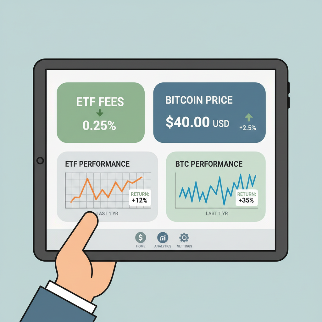 dashboard monitoring ETF fees and Bitcoin price at $40, performance graphs