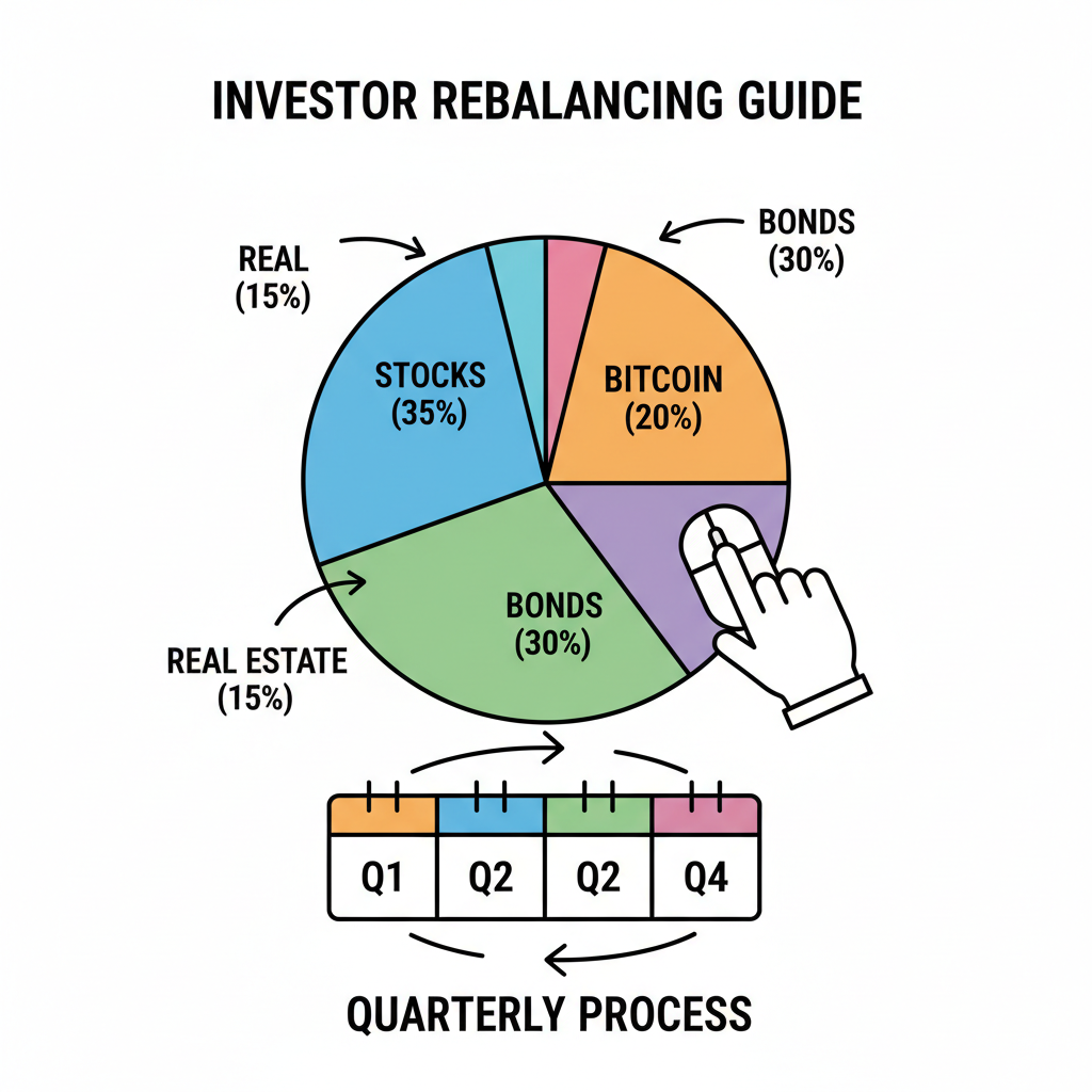 investor rebalancing pie chart with Bitcoin slice, quarterly calendar