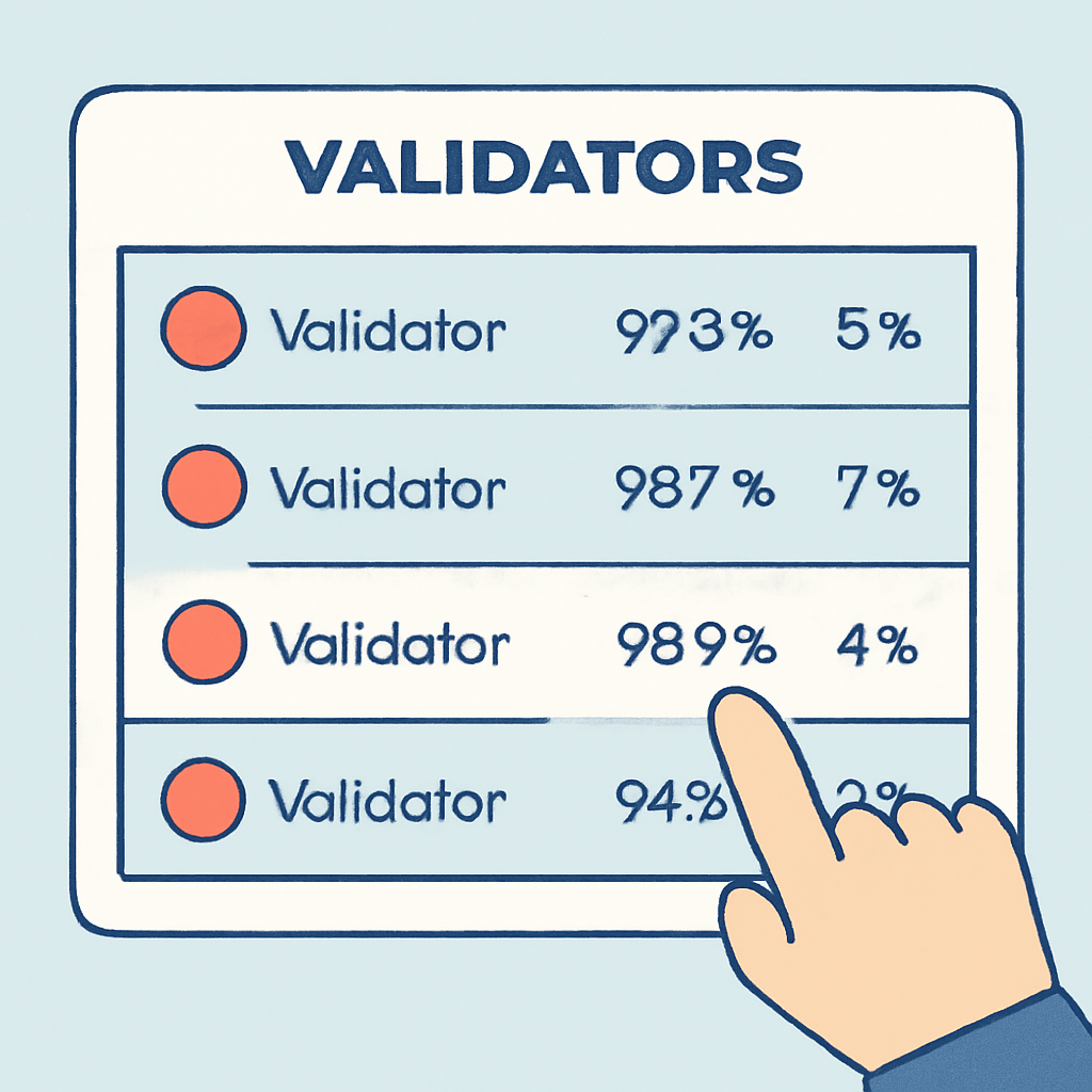 A list of validators on a screen, with performance stats and fee percentages, and a user selecting one.