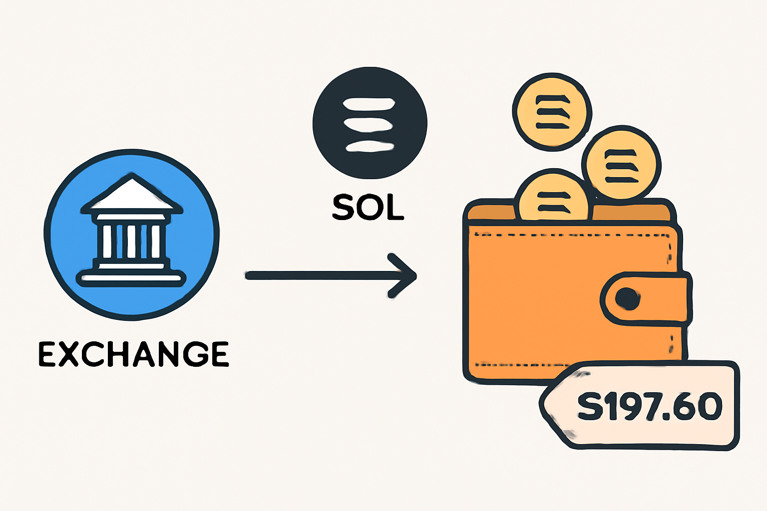A digital wallet receiving SOL tokens, with a price tag showing $197.60, and a transfer arrow from an exchange to the wallet.