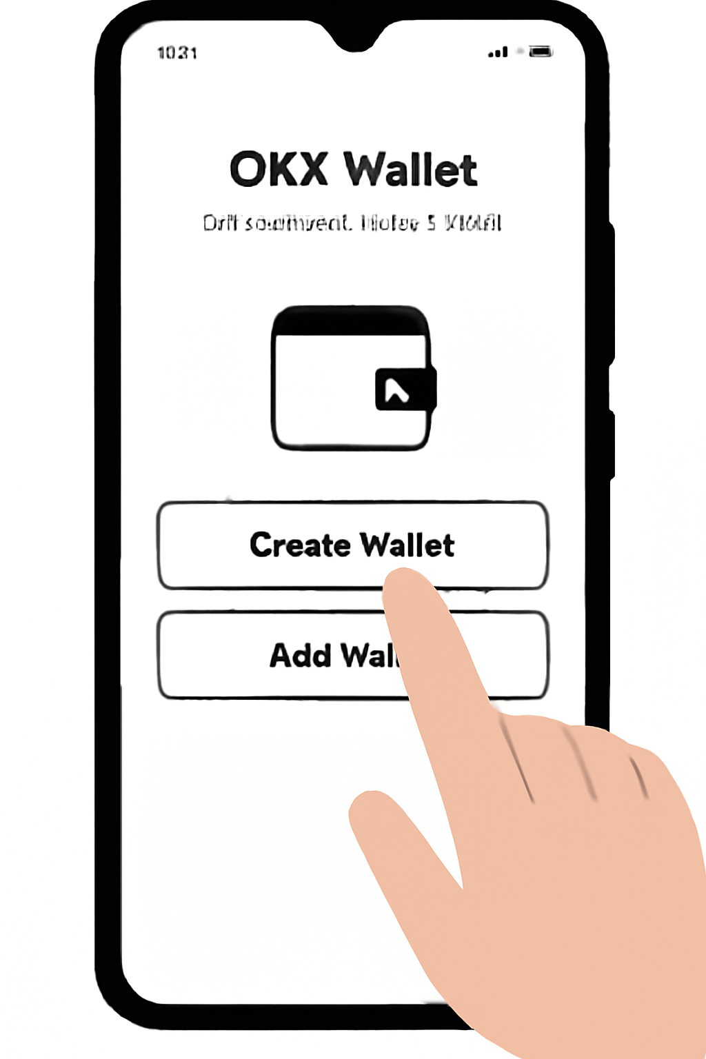 A smartphone displaying the OKX Wallet app setup screen, with a user tapping 'Create Wallet', in a modern, clean interface.