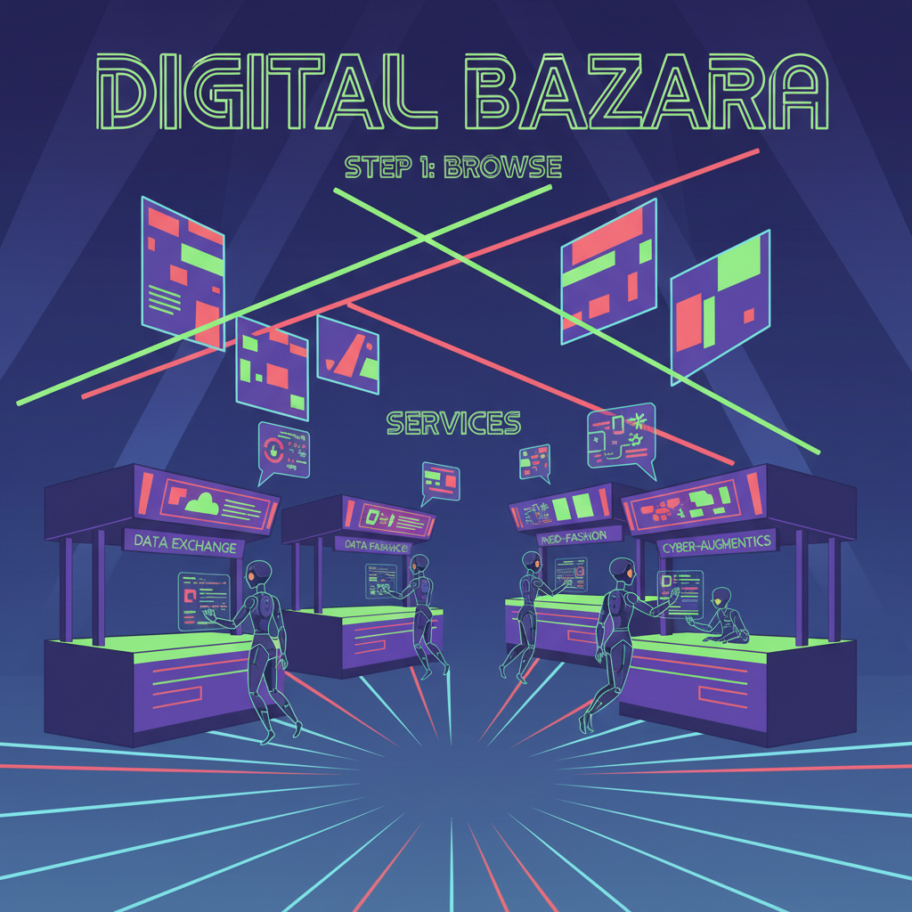 futuristic digital bazaar marketplace with glowing service stalls and AI agents browsing, neon lights, cyberpunk style