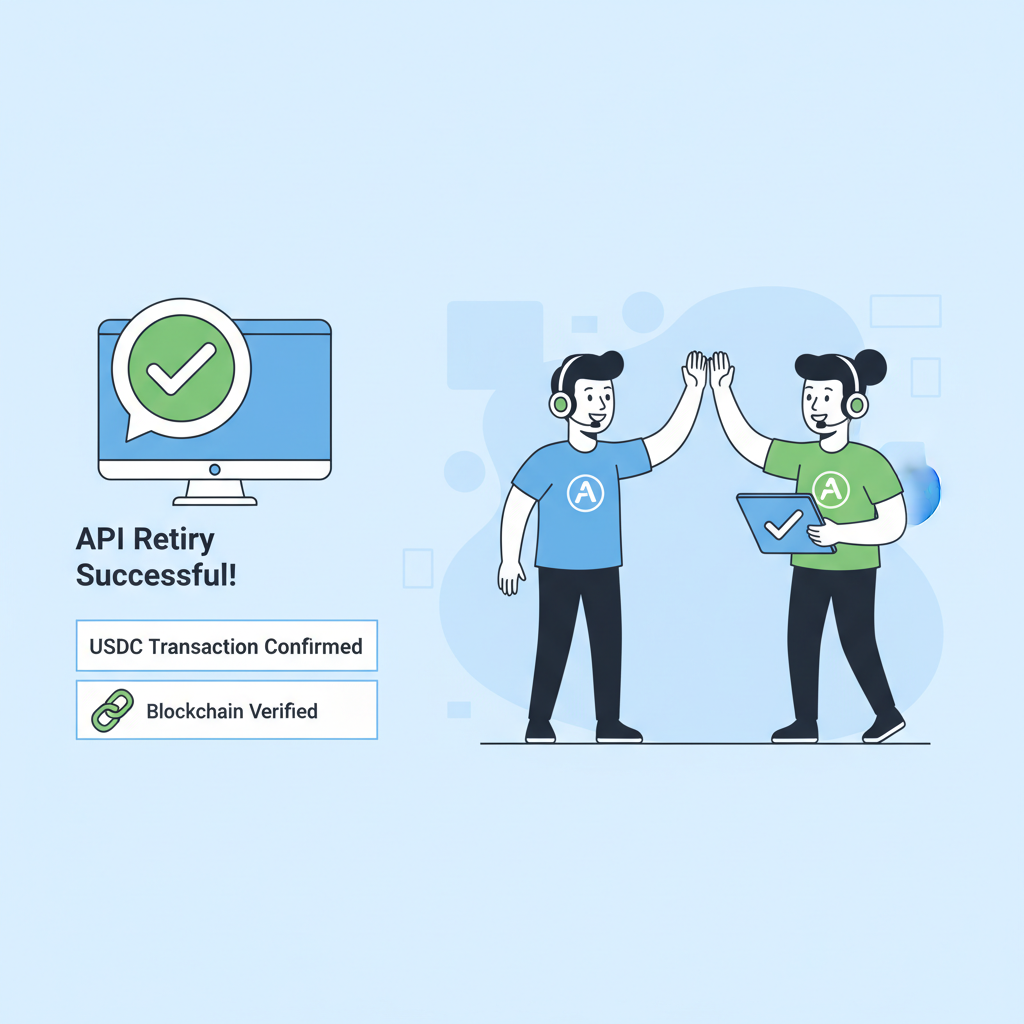 successful API retry with green checkmark, USDC transaction confirmed on blockchain, agent high-fiving