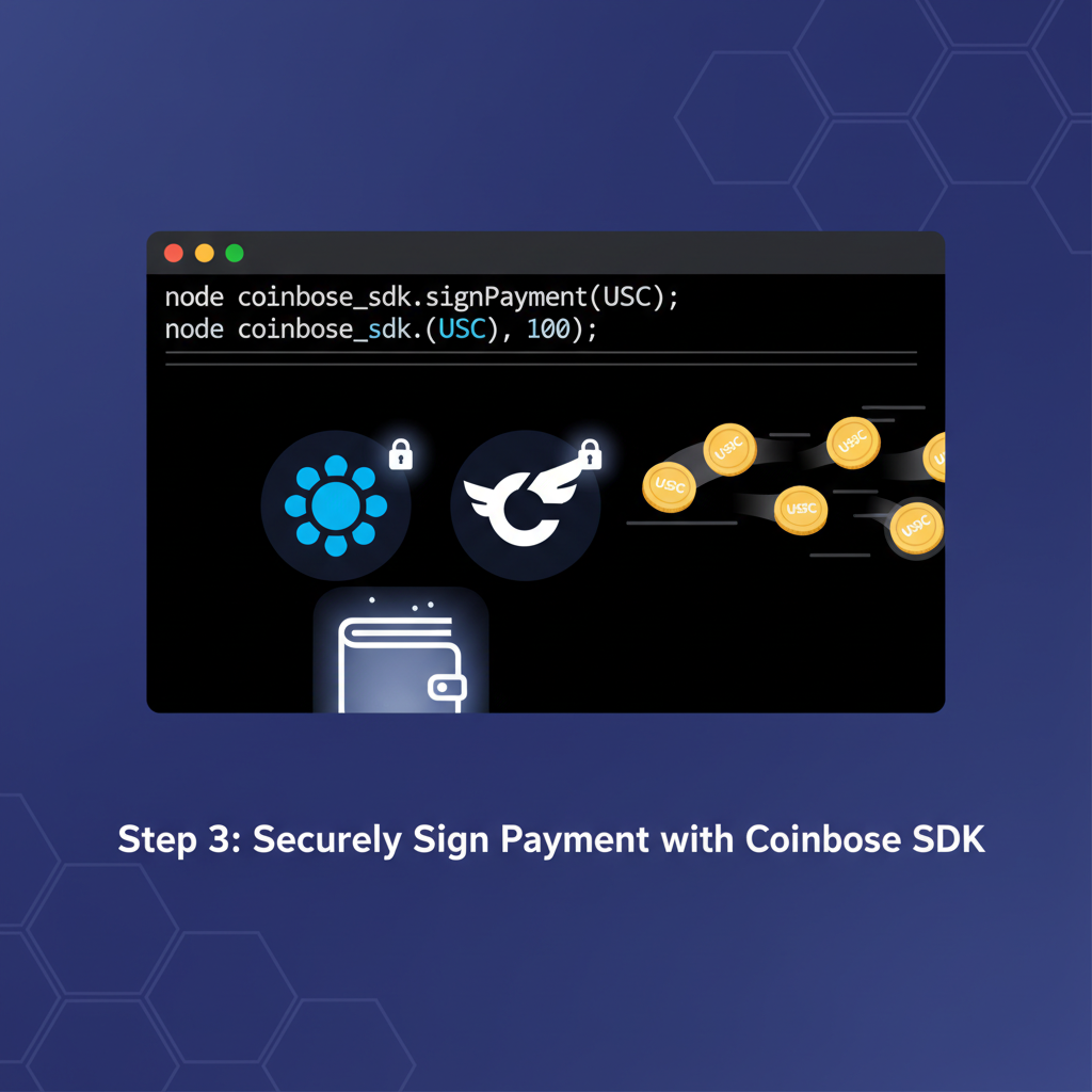developer coding terminal signing crypto payment with Coinbase SDK icons, USDC coins flying, dark mode