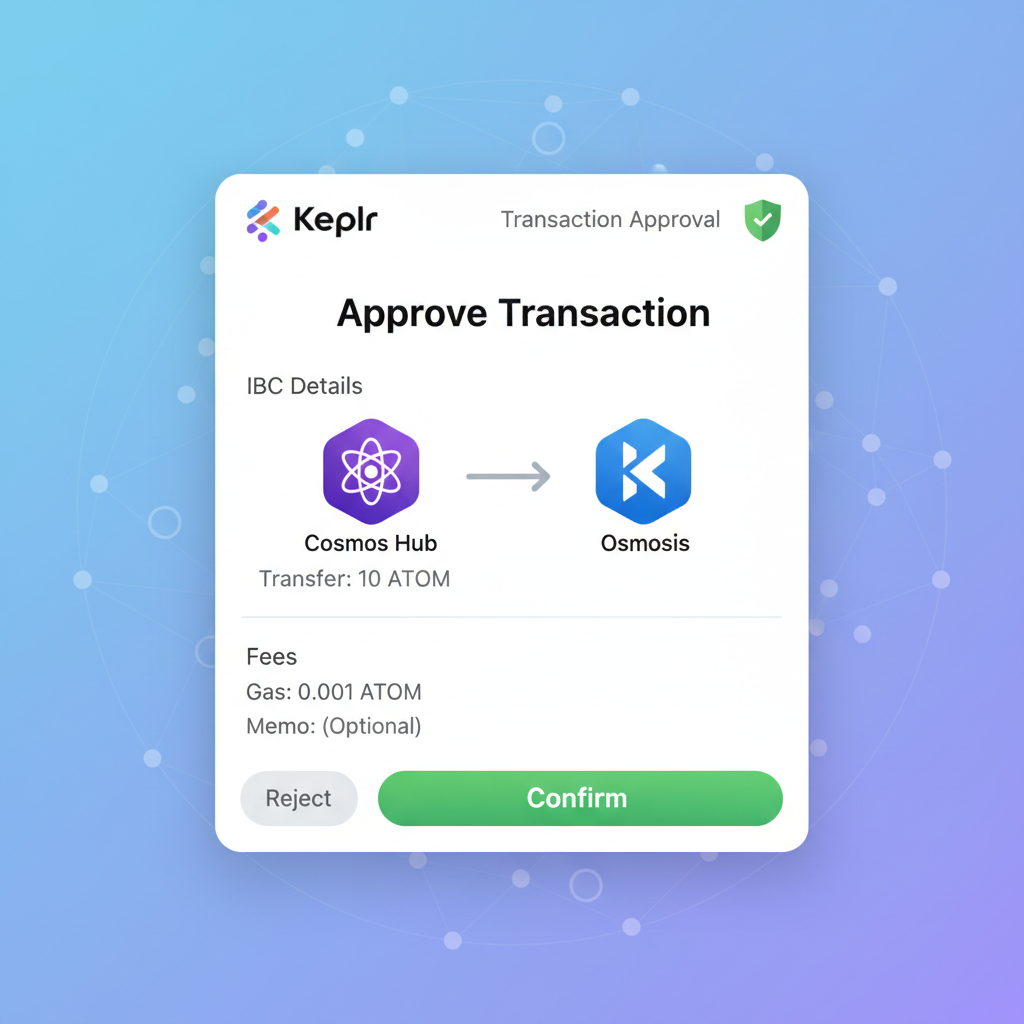 Keplr transaction approval popup with IBC details and confirm button