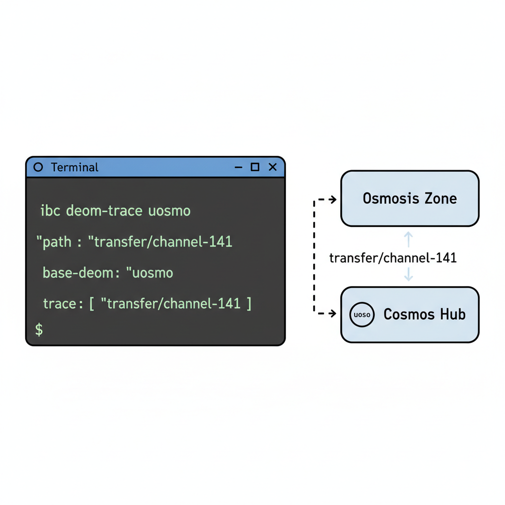 CLI output of ibc denom-trace showing transfer/channel-141/uosmo path from Osmosis to Cosmos Hub