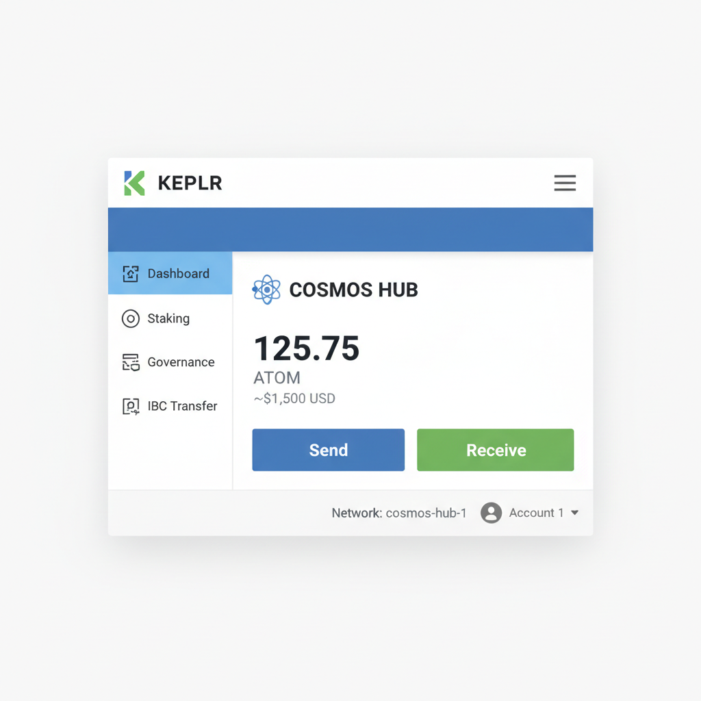 screenshot of Keplr dashboard showing ATOM balance on Cosmos Hub network
