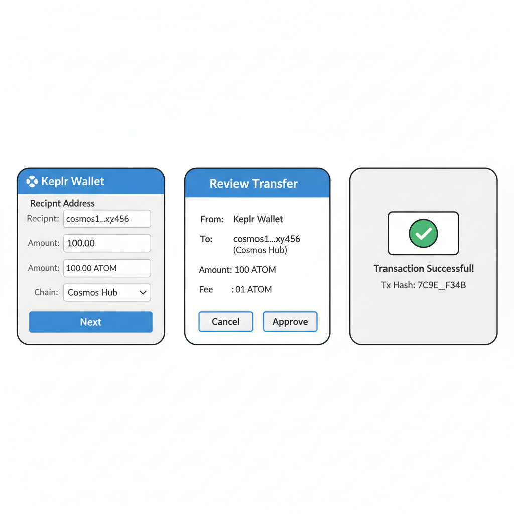 Keplr IBC form filled with recipient address, amount, and review screen