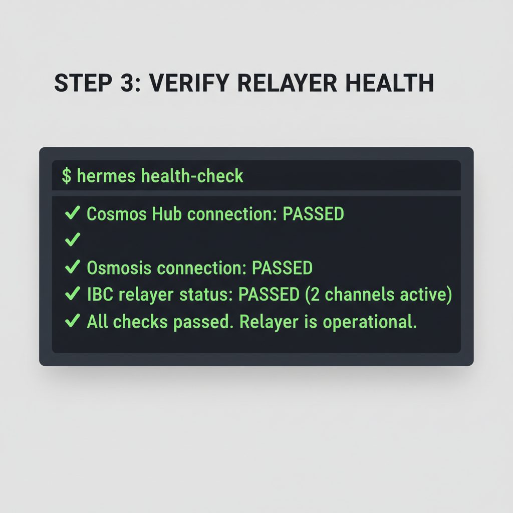 terminal command line showing hermes health-check output green success for Cosmos Hub and Osmosis IBC relayer