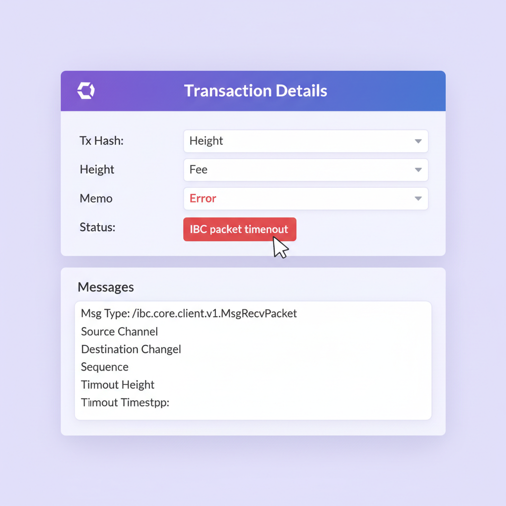 blockchain explorer tx details page highlighting IBC error 'packet timeout' in red, Cosmos Hub style interface