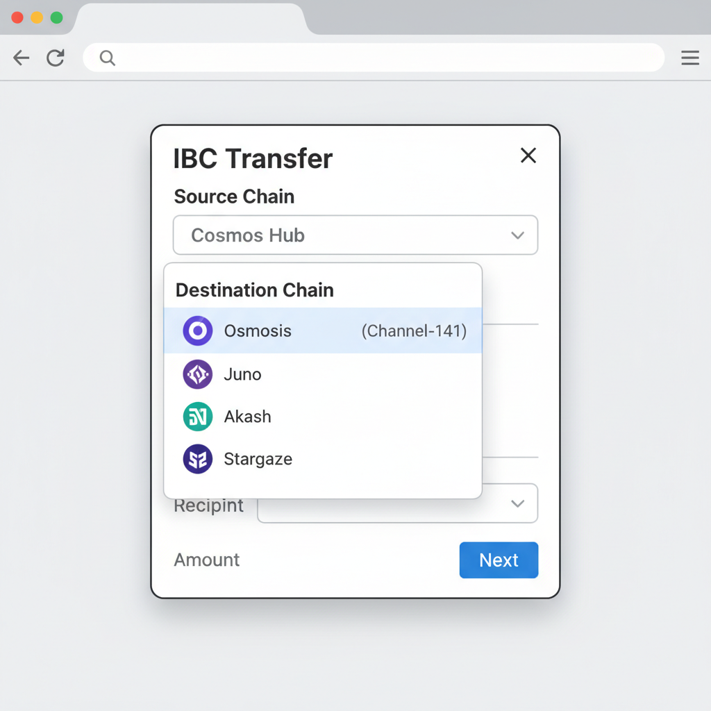 dropdown menu in Keplr IBC transfer selecting Osmosis chain with channel info