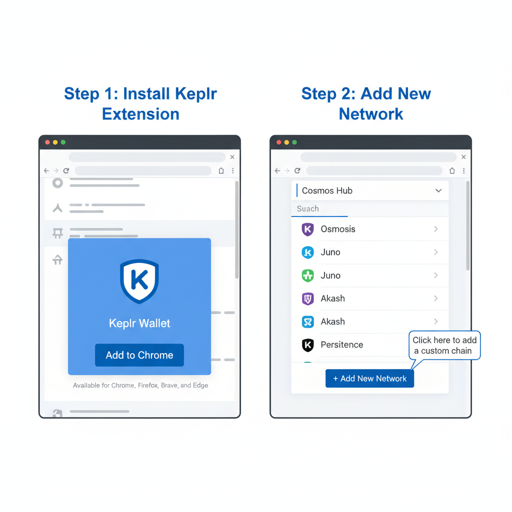 clean screenshot of Keplr wallet browser extension installation and network addition interface