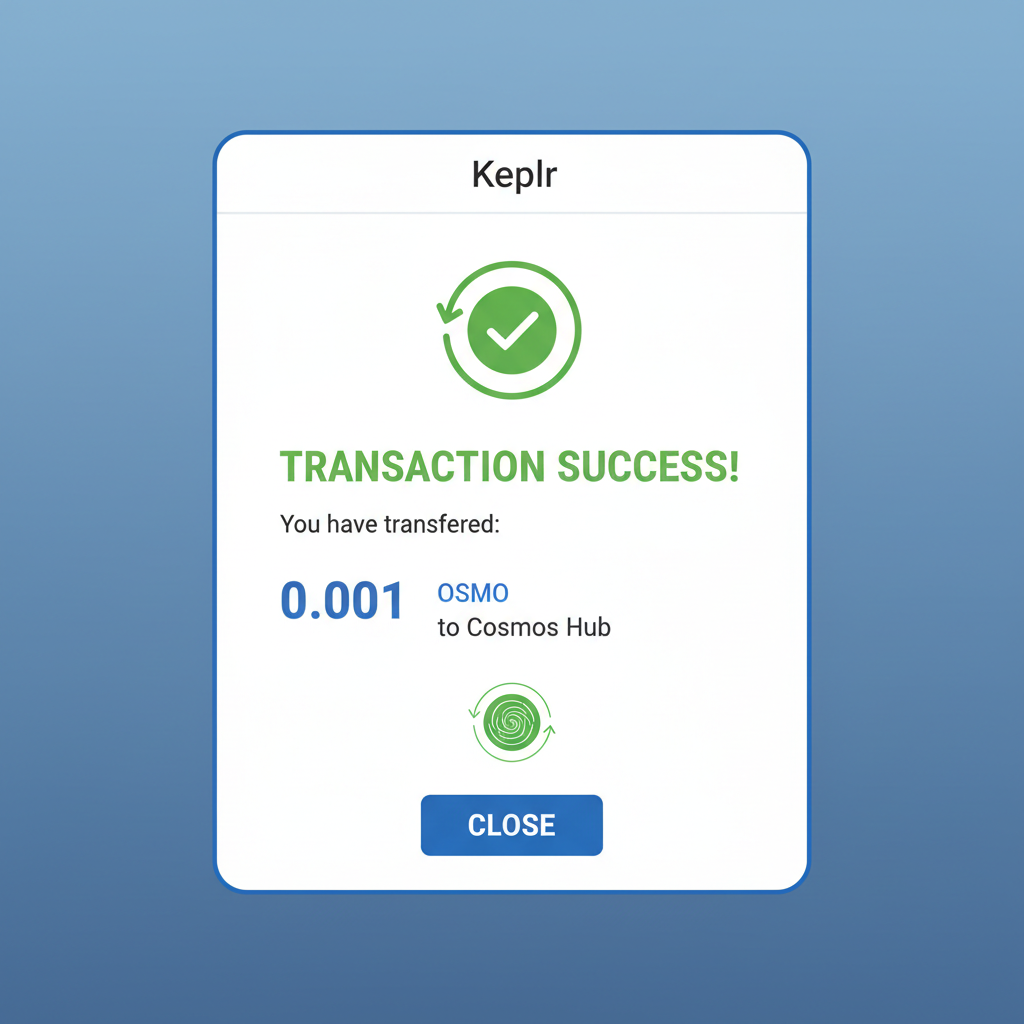 Keplr popup confirming tiny 0.001 OSMO IBC transfer to Cosmos Hub, success animation