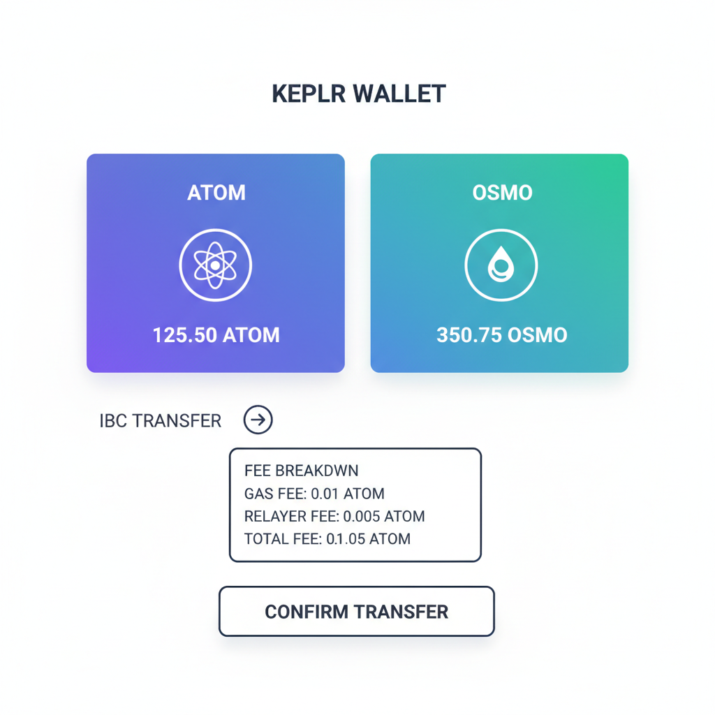 Keplr wallet interface showing ATOM and OSMO balances with IBC transfer fee breakdown