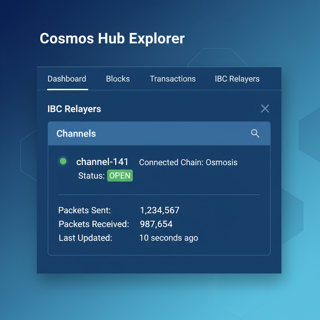 clean screenshot of Cosmos Hub explorer displaying IBC channel-141 status as OPEN to Osmosis, technical UI, blue tones