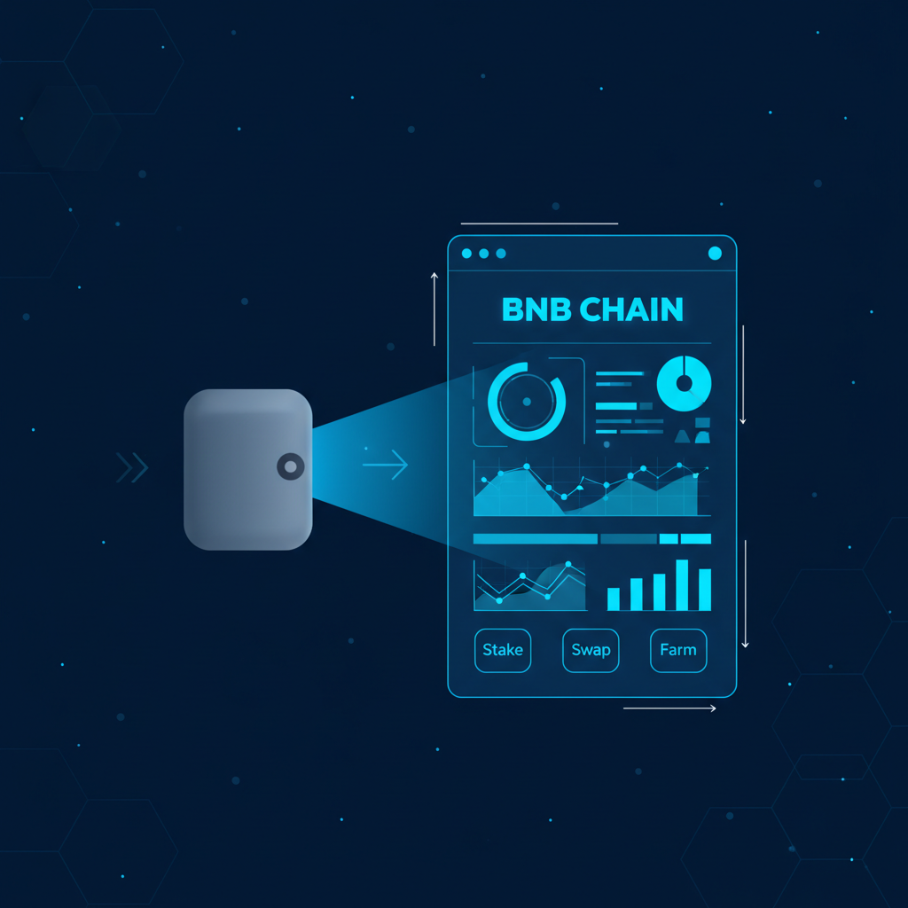 sleek crypto wallet connecting to futuristic BNB Chain dashboard glowing blue