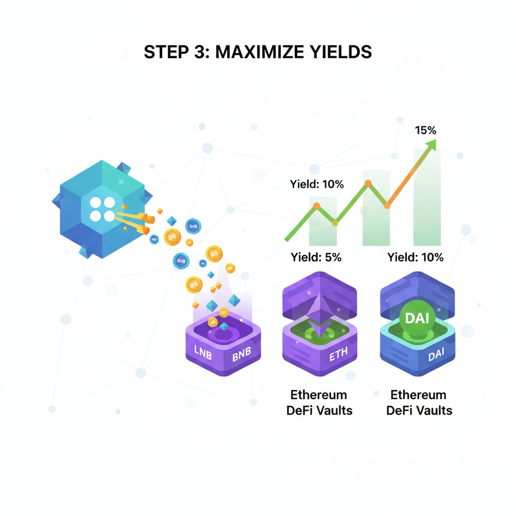 liqBNB tokens pouring into Ethereum DeFi vaults with rising yield charts