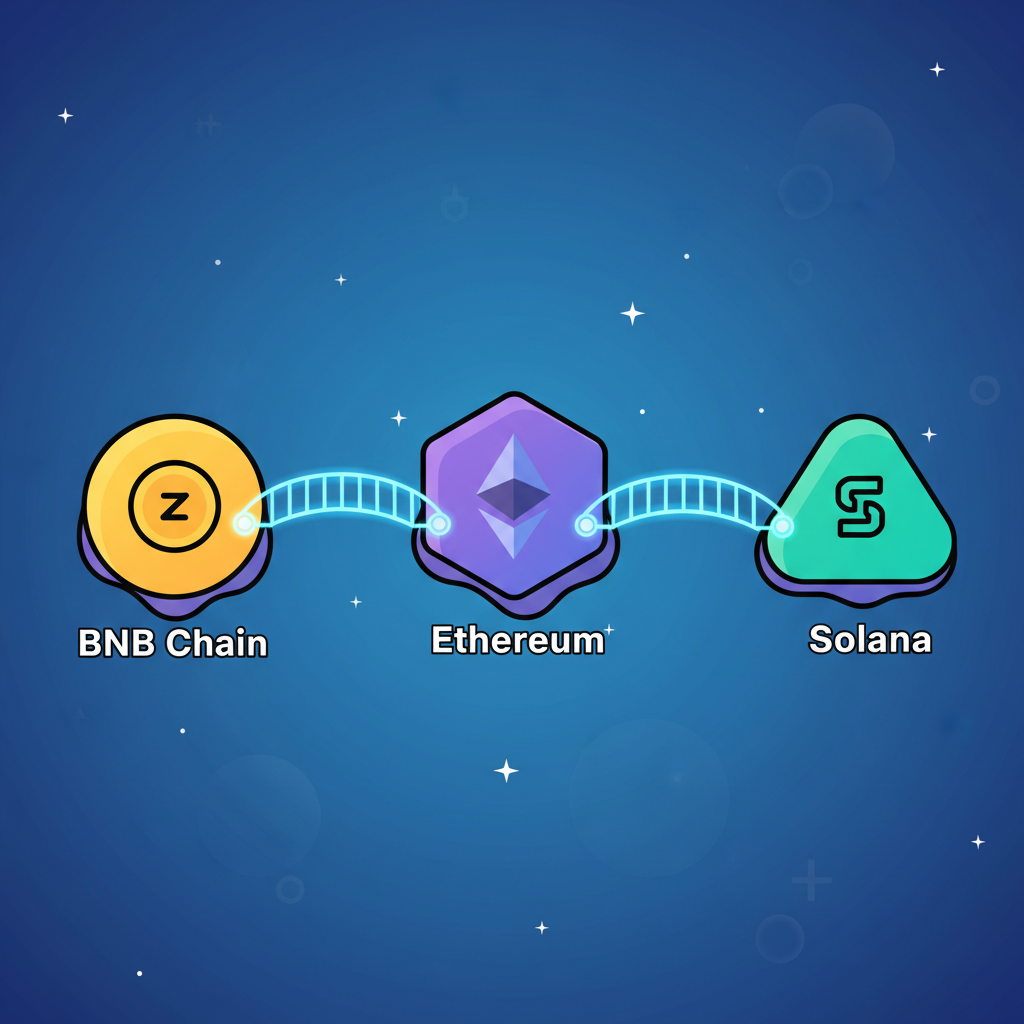 glowing bridge linking BNB Chain island to Ethereum and Solana realms