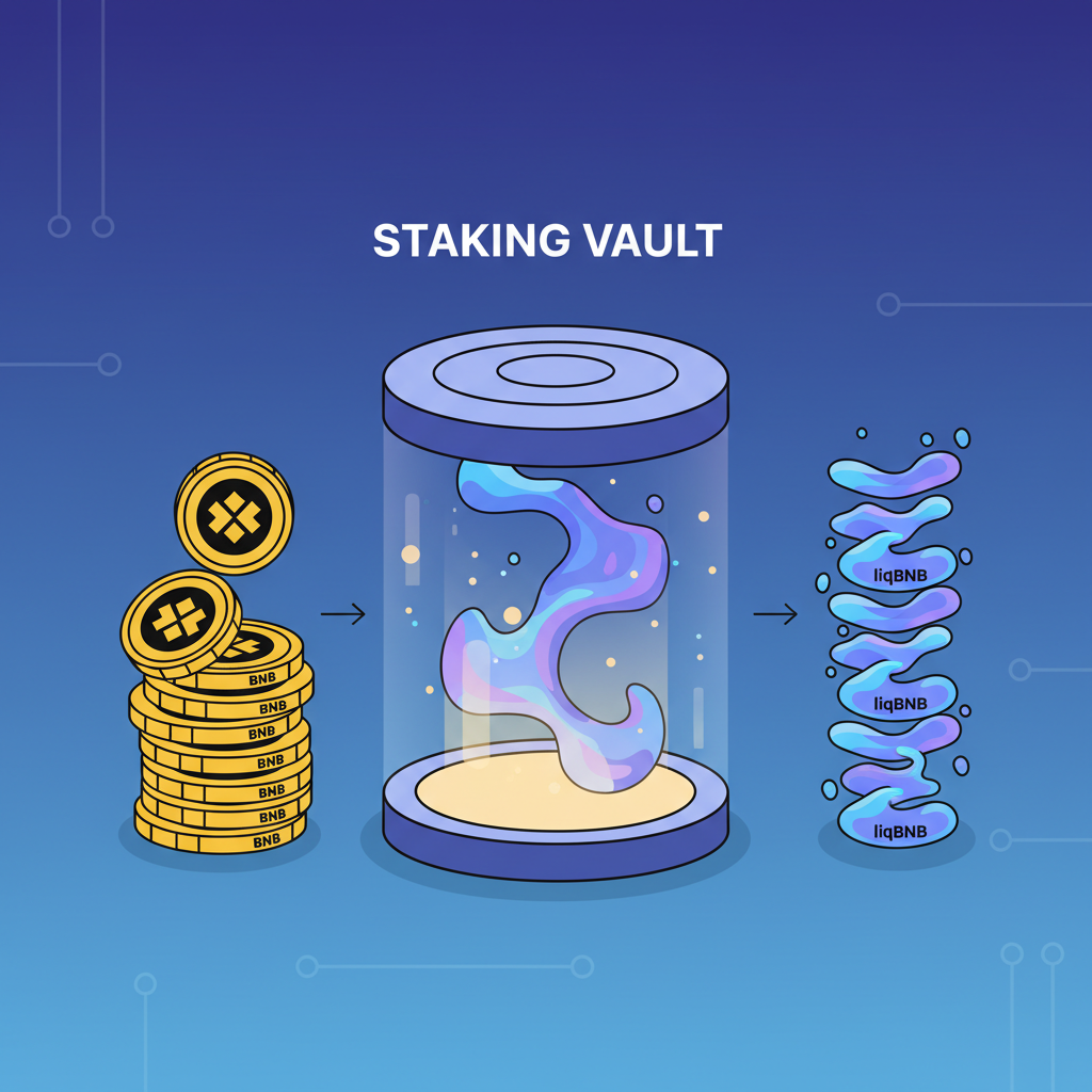 BNB coins stacking into liquid liqBNB tokens in a glowing staking vault