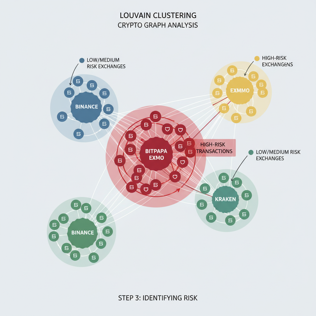 Louvain-clustered crypto graph highlighting Bitpapa Exmo high-risk red zones, web-like nodes
