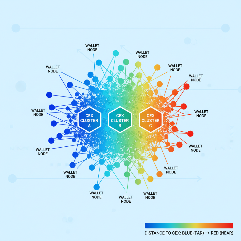 Blockchain graph with wallet nodes distance heatmaps to CEX clusters, blue-to-red gradients