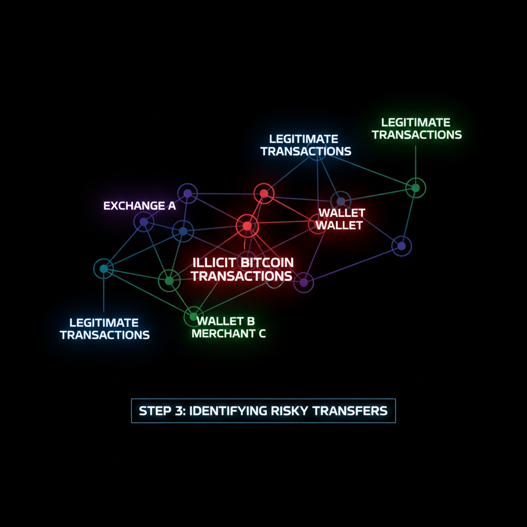 Bitcoin illicit transaction subgraphs glowing red in dark graph network, cyberpunk style