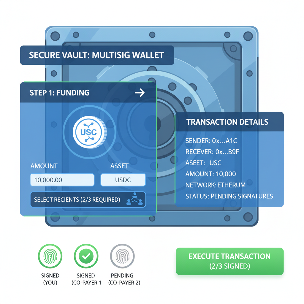 multisig wallet interface funding with USDC on blockchain dashboard secure vault style