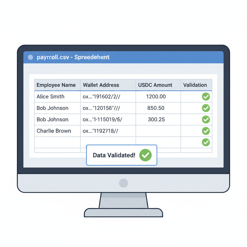 spreadsheet CSV file open with payroll data USDC amounts wallet addresses validation checkmarks