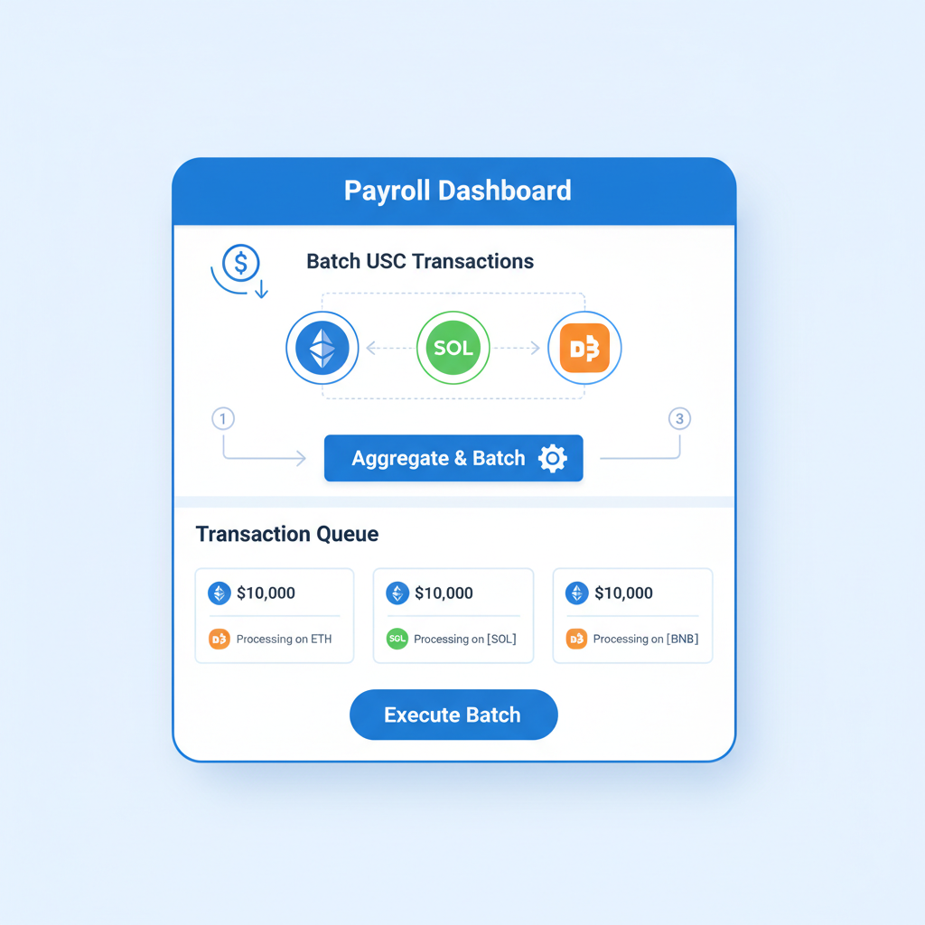 payroll dashboard batching USDC transactions across multiple chains aggregator interface